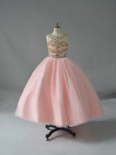 Customized Sleeveless Tulle Floor Length Backless Child Pageant Dress in Pink with Beading
