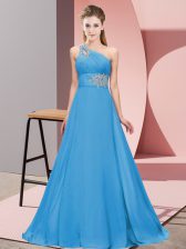 Stylish Beading Dress for Prom Blue Lace Up Sleeveless Floor Length