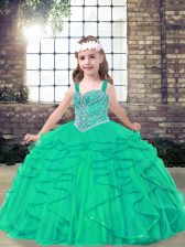 Hot Sale Sleeveless Tulle Floor Length Lace Up Little Girls Pageant Gowns in Turquoise with Beading