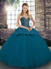 Classical Blue Ball Gowns Tulle Sweetheart Sleeveless Beading and Appliques Floor Length Lace Up 15 Quinceanera Dress