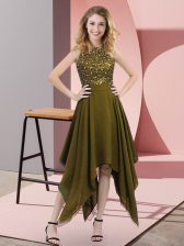  Olive Green Zipper High-neck Beading and Sequins Prom Dresses Chiffon Sleeveless