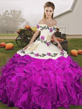 Custom Fit White And Purple Organza Lace Up Off The Shoulder Sleeveless Floor Length Ball Gown Prom Dress Embroidery and Ruffles