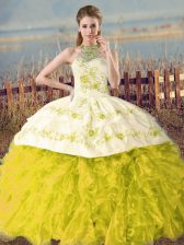 Amazing Yellow Green and Yellow Halter Top Neckline Embroidery and Ruffles Quince Ball Gowns Sleeveless Lace Up
