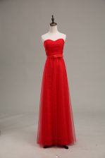  Floor Length Red Homecoming Dress Tulle Sleeveless Ruching and Belt