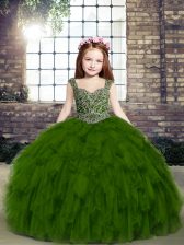 Custom Made Floor Length Lace Up Kids Formal Wear Olive Green for Party and Military Ball and Wedding Party with Beading and Ruffles