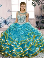 Dynamic Blue Lace Up Quinceanera Dress Beading and Ruffles Sleeveless Floor Length