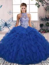 Simple Blue Halter Top Neckline Beading and Ruffles Quinceanera Gown Sleeveless Lace Up