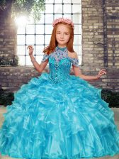  Aqua Blue Ball Gowns Organza High-neck Sleeveless Beading and Ruffles Floor Length Lace Up Little Girls Pageant Gowns