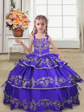 Enchanting Floor Length Lace Up Little Girl Pageant Gowns Purple for Wedding Party with Embroidery and Ruffled Layers