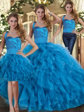 Best Selling Blue Lace Up Halter Top Ruffles Sweet 16 Dresses Tulle Sleeveless