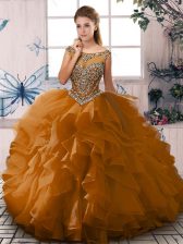  Brown Ball Gowns Beading and Ruffles Quince Ball Gowns Lace Up Organza Sleeveless Floor Length