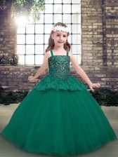 Stylish Floor Length Lace Up Kids Pageant Dress Green for Prom and Party and Wedding Party with Beading