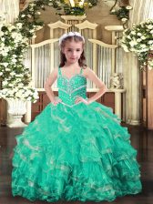  Floor Length Ball Gowns Sleeveless Turquoise Little Girl Pageant Gowns Lace Up
