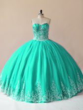 Sophisticated Turquoise Sleeveless Floor Length Embroidery Lace Up Ball Gown Prom Dress