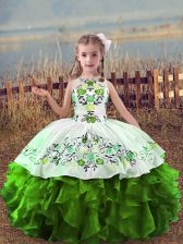  Embroidery and Ruffles Pageant Gowns For Girls Green Lace Up Sleeveless Floor Length