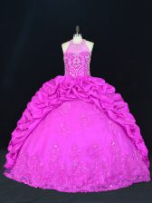 Spectacular Sleeveless Taffeta Floor Length Lace Up Sweet 16 Quinceanera Dress in Fuchsia with Beading and Appliques and Pick Ups