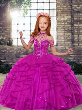  Fuchsia Lace Up High-neck Beading and Ruffles Little Girls Pageant Gowns Tulle Sleeveless