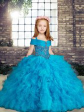  Baby Blue Sleeveless Floor Length Beading and Ruffles Lace Up Kids Pageant Dress