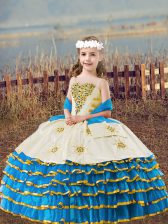  Sleeveless Organza Floor Length Lace Up Little Girls Pageant Dress in Baby Blue with Beading and Embroidery and Ruffled Layers