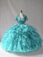  Turquoise Lace Up Quince Ball Gowns Beading Sleeveless Floor Length