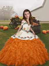  Floor Length Orange Pageant Gowns For Girls Organza Sleeveless Embroidery and Ruffles