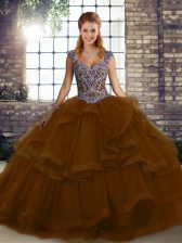 Sleeveless Tulle Floor Length Lace Up Sweet 16 Dress in Brown with Beading and Ruffles