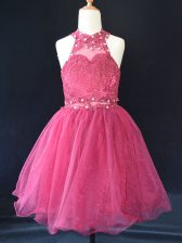 Perfect Hot Pink Organza Lace Up Girls Pageant Dresses Sleeveless Mini Length Beading and Lace