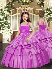 Glorious Floor Length Lilac Pageant Gowns For Girls Straps Sleeveless Lace Up