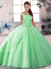 On Sale Apple Green Sleeveless Tulle Brush Train Lace Up Quinceanera Gowns for Military Ball and Sweet 16 and Quinceanera