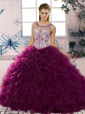 Perfect Dark Purple Quinceanera Dress Military Ball and Sweet 16 and Quinceanera with Beading and Ruffles Scoop Sleeveless Lace Up