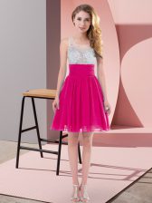  Fuchsia Chiffon Side Zipper Scoop Sleeveless Mini Length Dama Dress for Quinceanera Beading