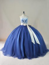  Navy Blue Sleeveless Brush Train Appliques and Sashes ribbons and Bowknot Sweet 16 Quinceanera Dress