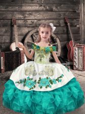 Popular Off The Shoulder Sleeveless Little Girls Pageant Dress Wholesale Floor Length Beading and Embroidery and Ruffles Turquoise Organza