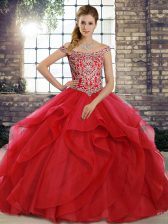 Discount Red Lace Up Off The Shoulder Beading and Ruffles Sweet 16 Dress Tulle Sleeveless Brush Train