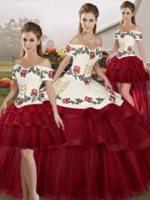 Spectacular Wine Red Lace Up 15th Birthday Dress Embroidery and Ruffled Layers Sleeveless Brush Train