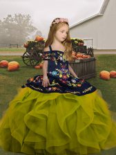 Best Olive Green Ball Gowns Organza Straps Sleeveless Embroidery and Ruffles Floor Length Lace Up Girls Pageant Dresses