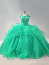 Fantastic Turquoise Organza Lace Up Ball Gown Prom Dress Sleeveless Beading and Ruffles