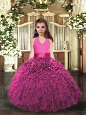 Luxurious Ball Gowns Glitz Pageant Dress Hot Pink Halter Top Organza Sleeveless Floor Length Lace Up