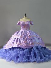 Deluxe Lavender Quinceanera Dresses Off The Shoulder Sleeveless Chapel Train Lace Up
