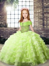 New Style Yellow Green Organza Lace Up Straps Sleeveless High School Pageant Dress Brush Train Beading and Ruffled Layers