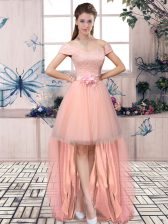 Chic Short Sleeves Lace Up High Low Lace and Hand Made Flower Prom Dresses