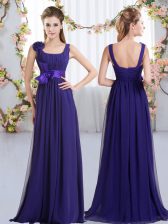  Sleeveless Chiffon Floor Length Zipper Vestidos de Damas in Purple with Belt and Hand Made Flower