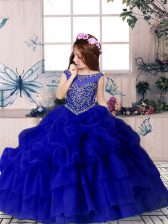 Amazing Royal Blue Organza Zipper Scoop Sleeveless Floor Length Girls Pageant Dresses Beading and Pick Ups