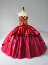  Lace Up Vestidos de Quinceanera Wine Red for Sweet 16 and Quinceanera with Beading and Embroidery Court Train