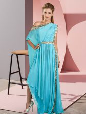  Aqua Blue Sleeveless Sequins Asymmetrical Evening Dress