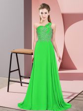 Smart Green Chiffon Side Zipper One Shoulder Sleeveless Floor Length Prom Evening Gown Beading