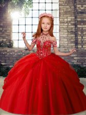 Hot Selling Sleeveless Tulle Floor Length Lace Up Little Girls Pageant Gowns in Red with Beading