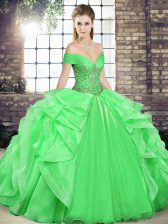  Green Organza Lace Up Off The Shoulder Sleeveless Floor Length Ball Gown Prom Dress Beading and Ruffles