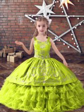 Attractive Yellow Green Sleeveless Satin and Organza Lace Up Child Pageant Dress for Wedding Party