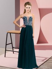 Trendy Beading Prom Gown Teal Lace Up Sleeveless Floor Length
